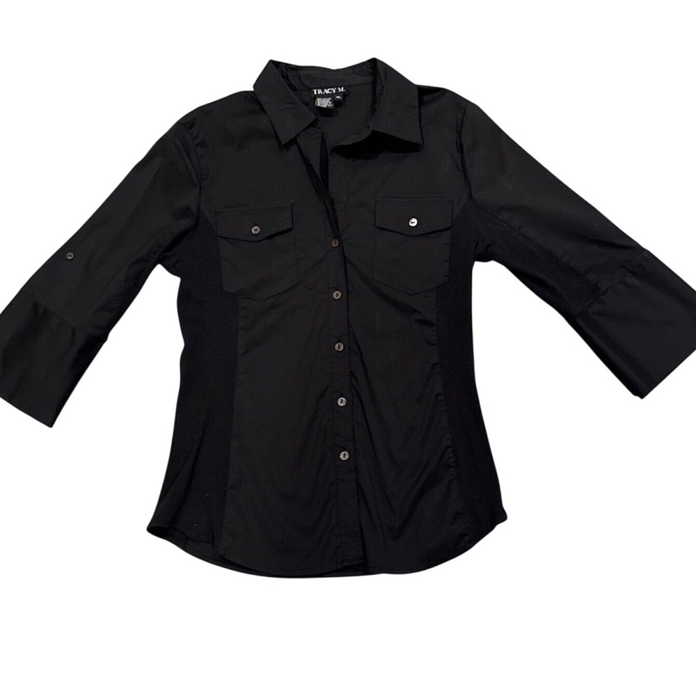 Tracy M Womens Black Button Down Shirt XL Ribbed Side Panels 3/4 Roll Tab Sleeve